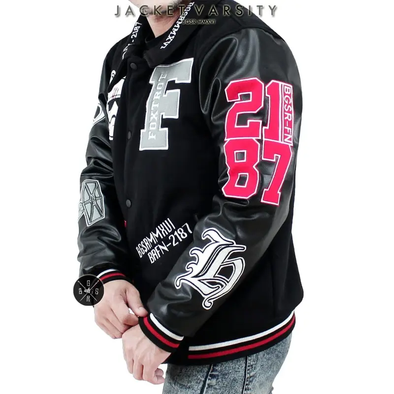 Jaket varsitY BASSEBALL Fleece Pria Casual Distro Bordir Nyaman Formal Keren Kerah Jeans  Hitam Tebal 4