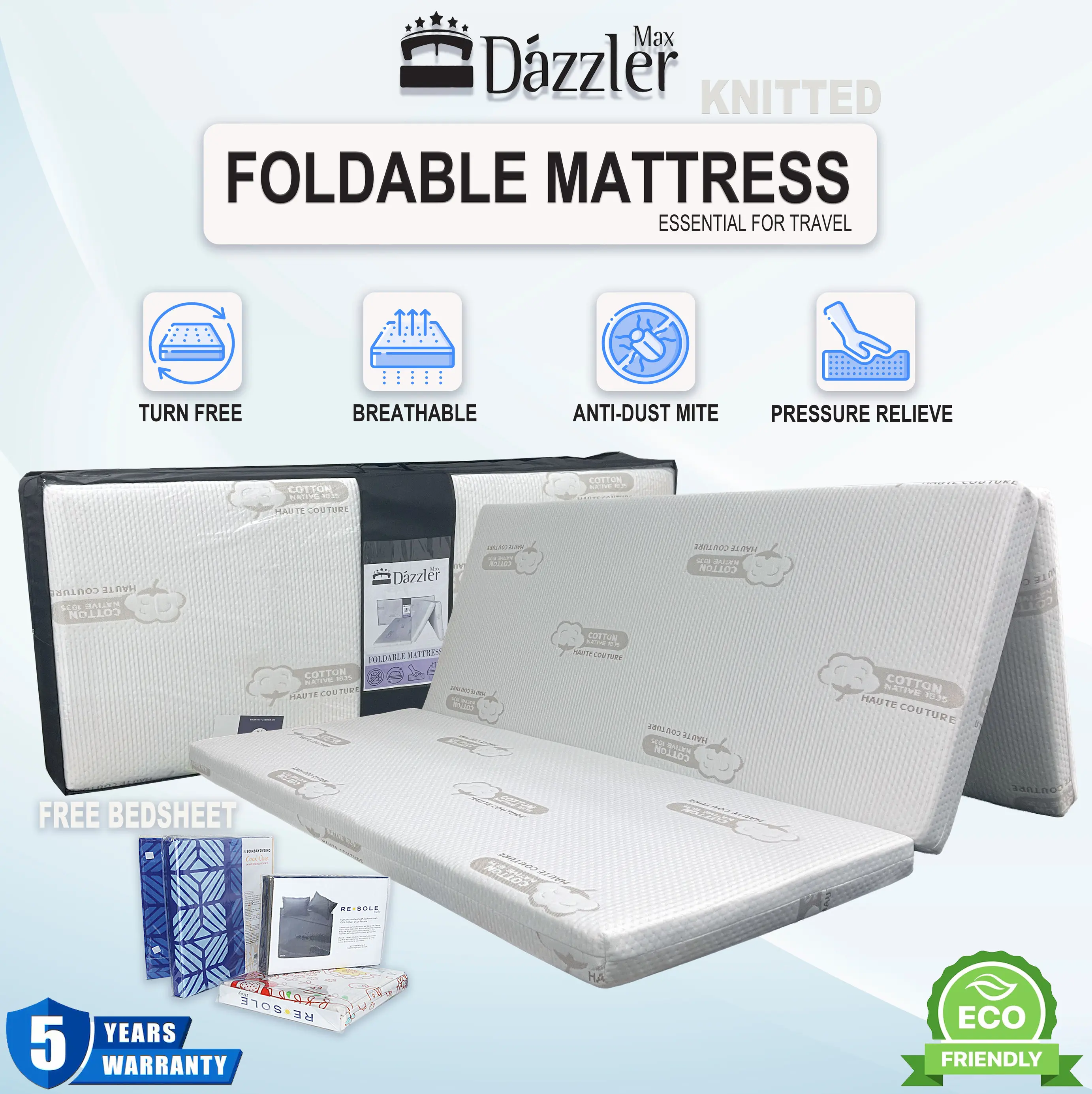 【FREE Bed Sheet & Carry Bag】Dazzler Max 3 Inch Queen Size KNITTED Three Fold High Grade Synthetic Rebond Mattress Tilam Lipat Easy Storage (5 Years Warranty)