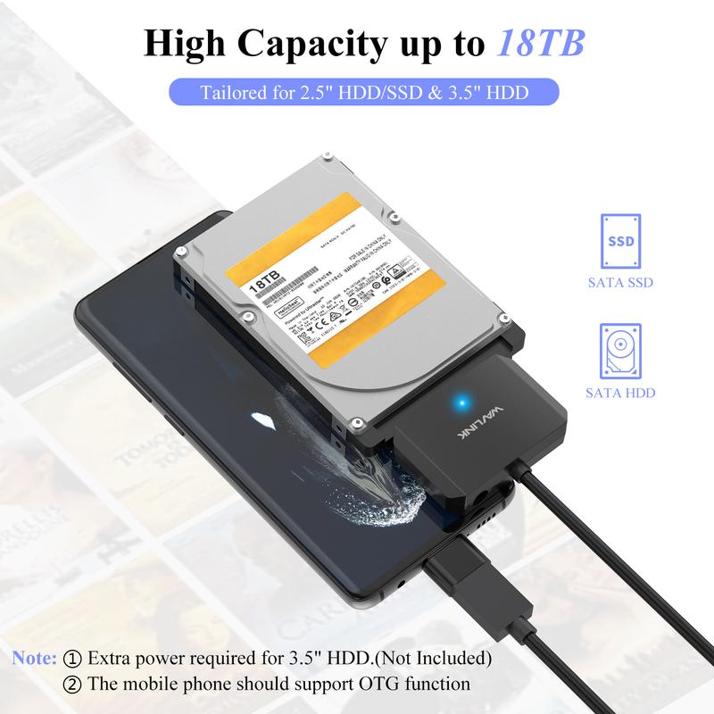 Cáp Bộ Chuyển Đổi Ổ Cứng USB3.0 Sang SATA III, WAVLINK, Bộ Chuyển Đổi SATA Sang USB A 5Gbps, Đầu Nối Ổ Cứng Ngoài, Tương Thích Với Ổ Cứng 2.5 "/ 3.5" HDD / SSD, Bao Gồm Bộ Chuyển Đổi Nguồn 3