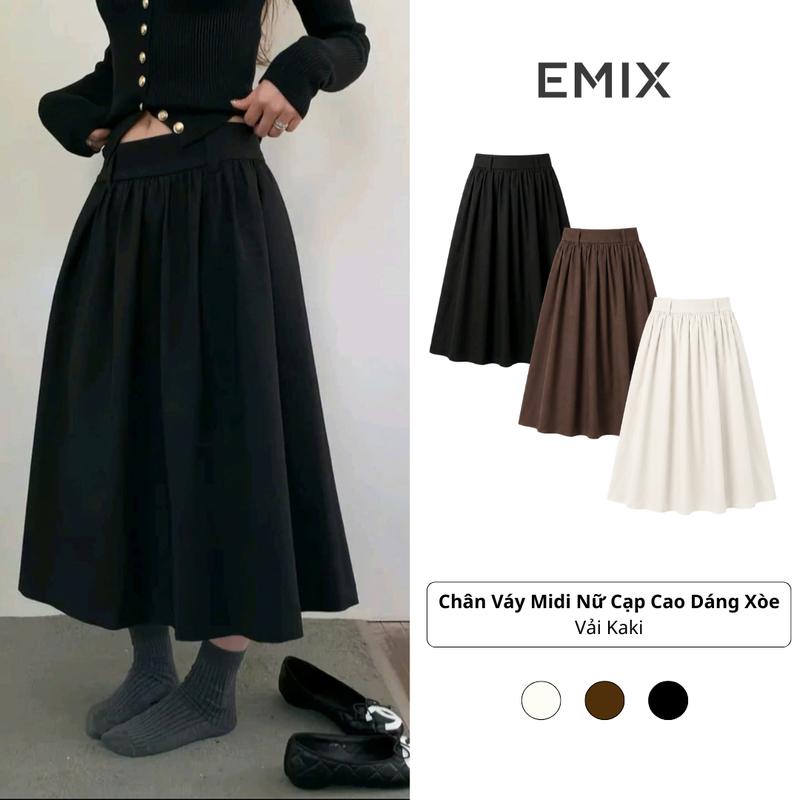 Chân Váy Midi Nữ Cạp Cao Chất Kaki Dáng Xòe Chữ A Nhún Eo Thanh Lịch V.1022 EMIX
