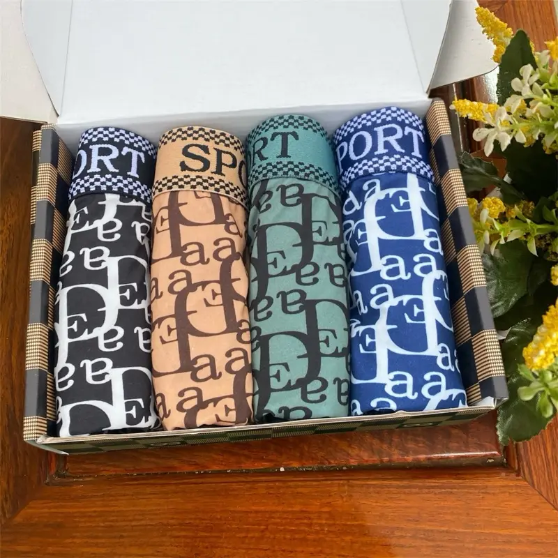 Full hộp 4 quần sịp boxer nam cạp dệt SPORT hoạ tiết chữ sang trọng chất cotton lạnh mát mịn