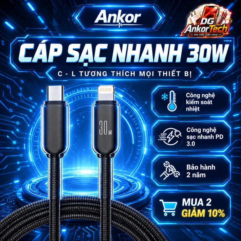 Cáp Sạc Nhanh PD 30W Trong Suốt, Tích Hợp Chíp Bảo Vệ Chống Nóng, Bên Gấp 3 Lần, Sạc Nhanh từ IP6 đến 14 Promax, 3 Lớp Bảo Vệ