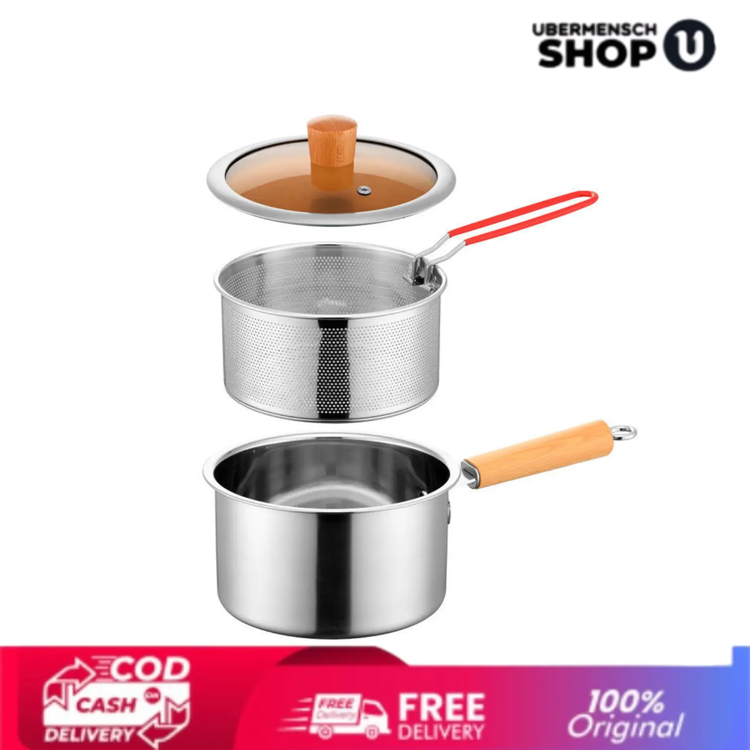 [US] Panci Deep Fryer Jumbo 2L Set 4in1 Stainless Steel Serbaguna untuk Goreng & Rebus