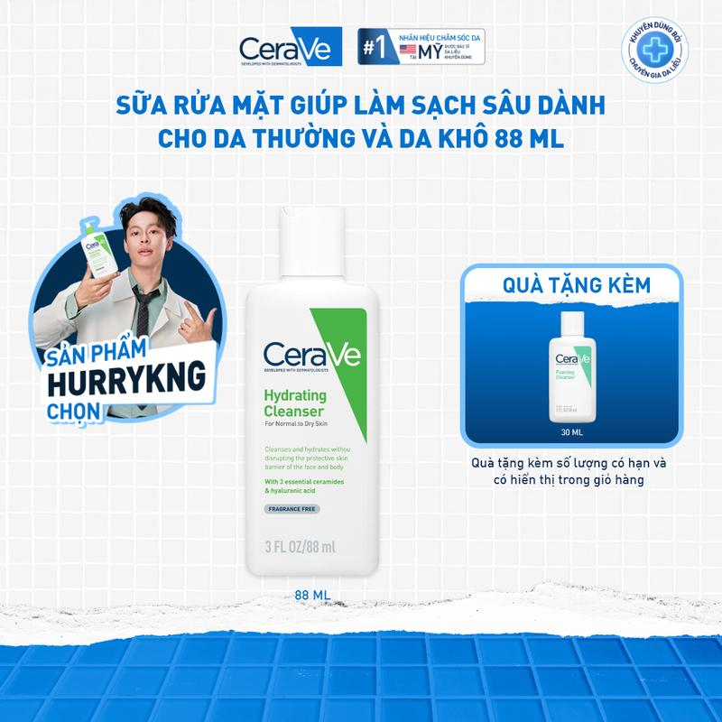 Sữa rửa mặt giúp làm sạch sâu dành cho da thường và da khô CeraVe Hydrating Cleanser 88ML. Sữa rửa mặt dạng gel không tạo bọt làm sạch sâu dịu nhẹ và cung cấp độ ẩm cho da. Chăm sóc da_Sữa rửa mặt_Skincare cho Nam và Nữ_Cleansing