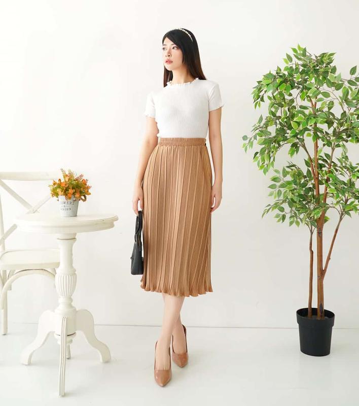NHM Rok Midi Plisket Lebar Shiny Hyget Premium Dewasa Karet Nyaman Wanita Bawahan Pendek Santai 3