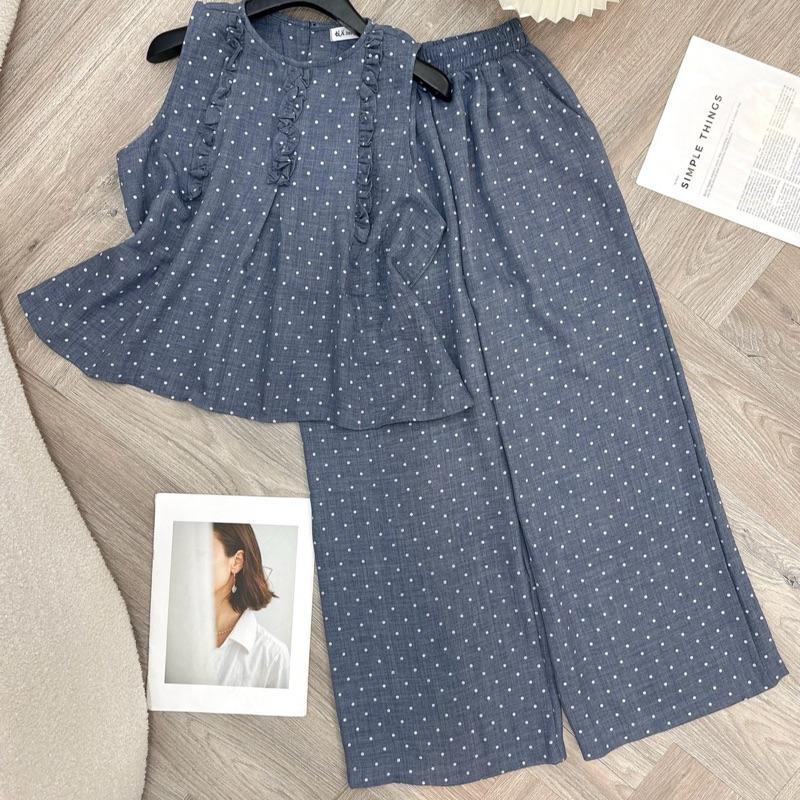  Q61 Set  vải đũi áo phối bèo + quần DÀI  form 40-60kg mang vừa phù hợp đi chơi . di du lich chất mát thoáng thấm hút mồ hồi Hằng tidy 