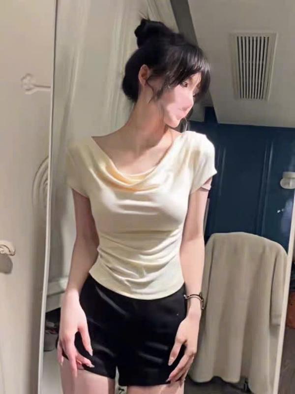 Áo cộc tay cổ đổ LENOGI Áo thun nữ mặc nhiều kiểu trễ vai lệch vai cổ thuyền đi chơi đi làm Nữ Cotton Top