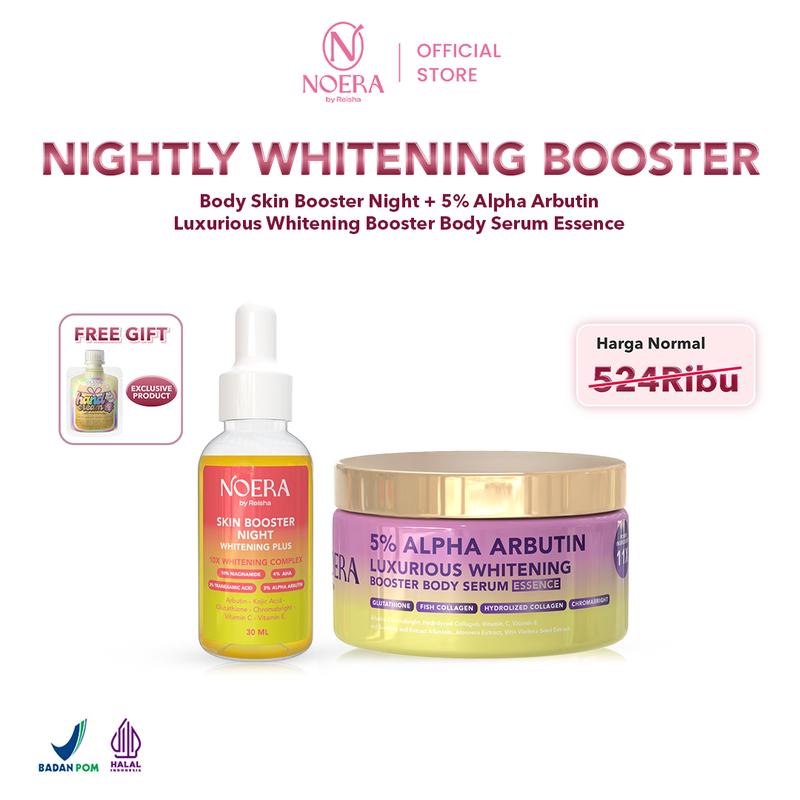 Noera Paket Day & Night Whitening Booster | 5% ALPHA ARBUTIN Luxurious Whitening Booster Body Serum Essence, Body Skin Booster Daily & Night l Free Handcream Acid Extract 2