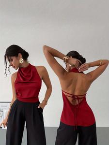 Top de satén elegante con espalda descubierta en color vino tinto, blusa para mujer a la moda para uso casual y formal, diseño cómodo y chic