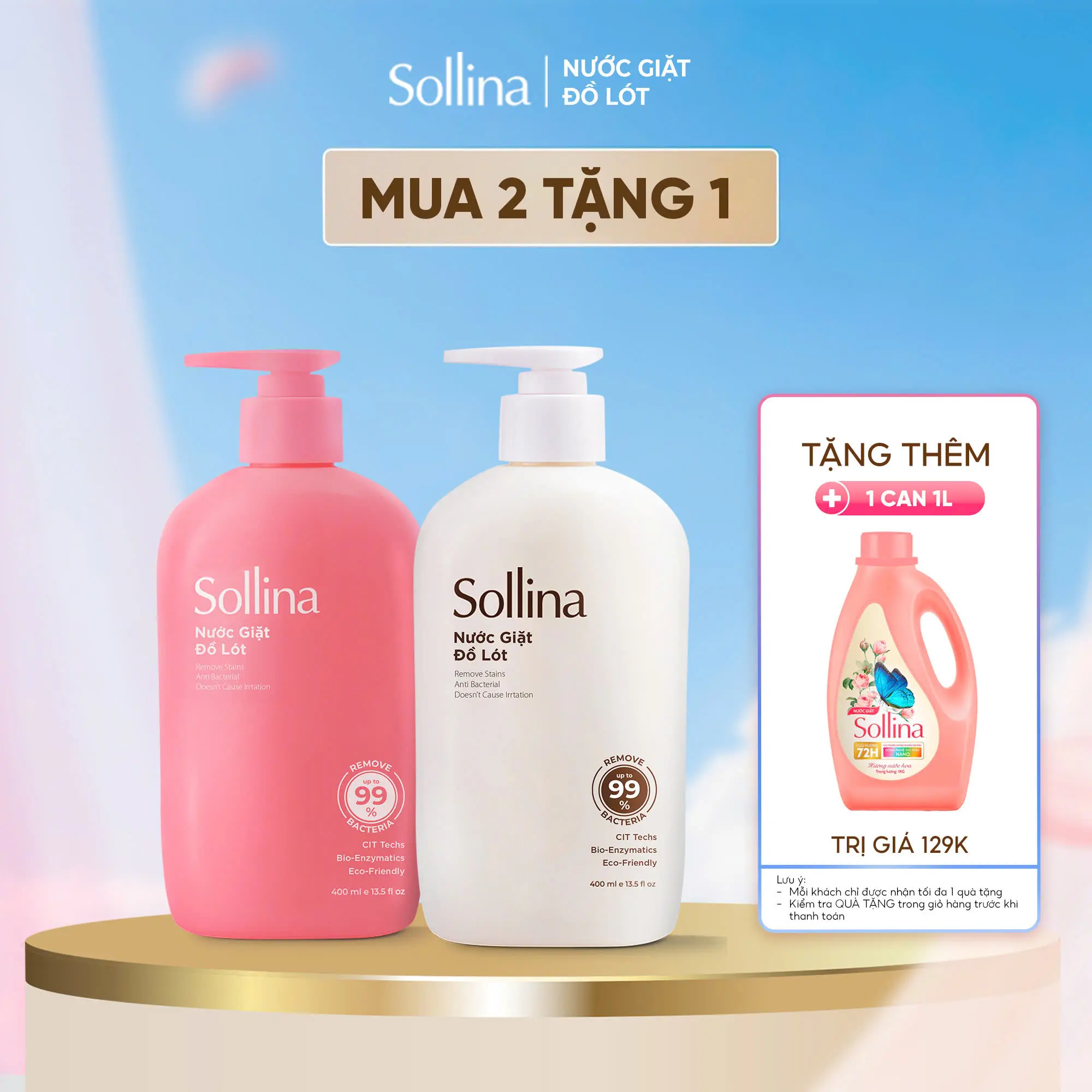 [MUA 2 TẶNG 1] Combo 2 Nước Giặt Đồ Lót Chuyên Dụng Sollina (1 Nước Giặt Hồng + 1 Nước Giặt Vàng) 400Ml/Chai + TẶNG 1 Nước giặt thường 1L Làm Sạch