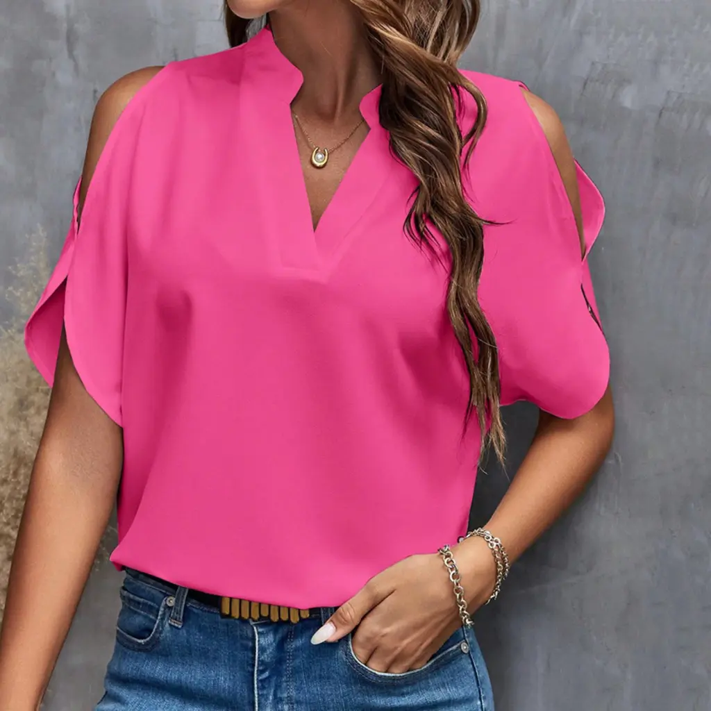 Gezenupo Off-shoulder Sleeve Blouse Women Loose Fit Shirt Stylish Women's Summer V-neck Cold Shoulder Top Loose Fit Blouse for Casual Wear Solid Color Short Sleeve Pullover Shirt