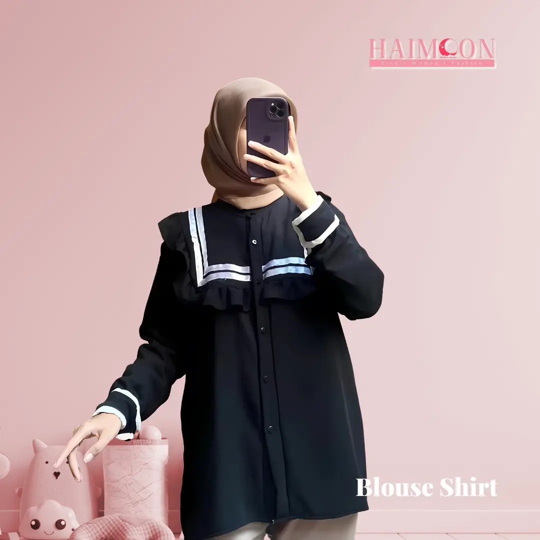 Baju Atasan Wanita Blouse Ruffle Daily Warna Hitam Putih Crinkle Muslim Panjang Top Nyaman Dalaman