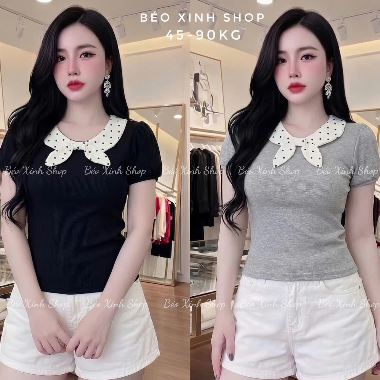 Bigsize Sài Gòn Áo Thun Nữ Cổ Tròn Phối Nơ Chấm Bi Vải Thun (Borit cotton) Cao Cấp Thanh Lịch Bigsize 45–90kg Dễ Thương Nữ Women Top Nhung - A.1797