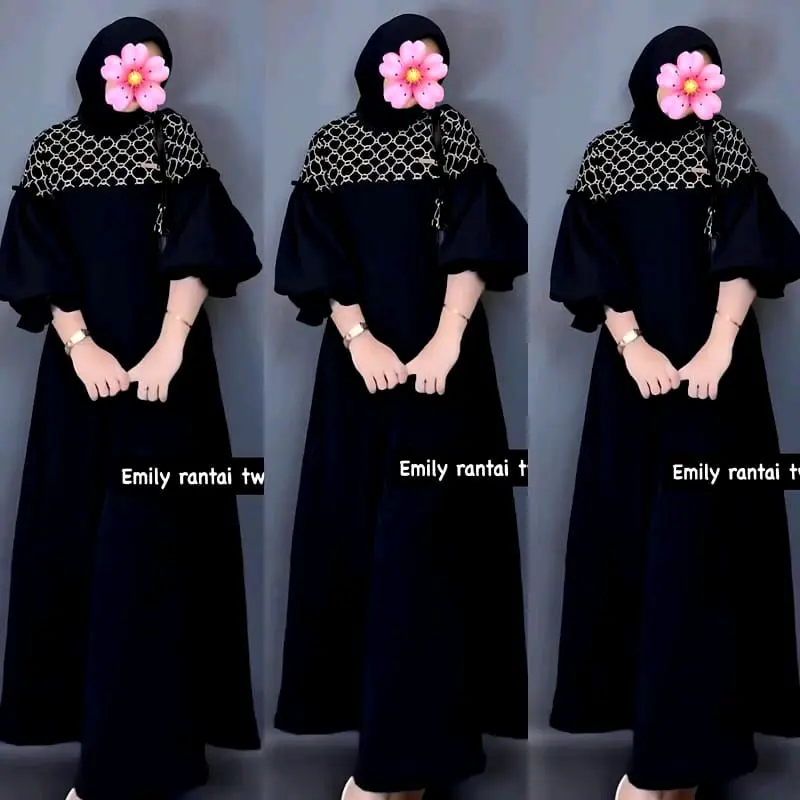 Emily Dress Series Pita Dan Rantai Kombinasi Motif Gamis Wanita Terbaru Bahan Twill Rayon Tebal Hitam 4