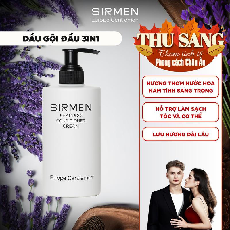Dầu gội xả dưỡng nam 3 in 1 hương nước hoa châu Âu SIRMEN Europe Gentlemen giúp sạch da đầu, tóc chắc khoẻ chiết xuất từ công nghệ tiên tiến 320g