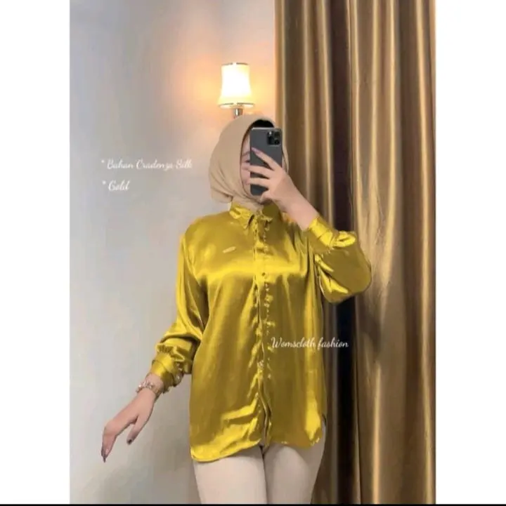 Kemeja shimmer CRADENZA silk grade A.atasan wanita, kemeja wanita lengan panjang Baju Balon 8