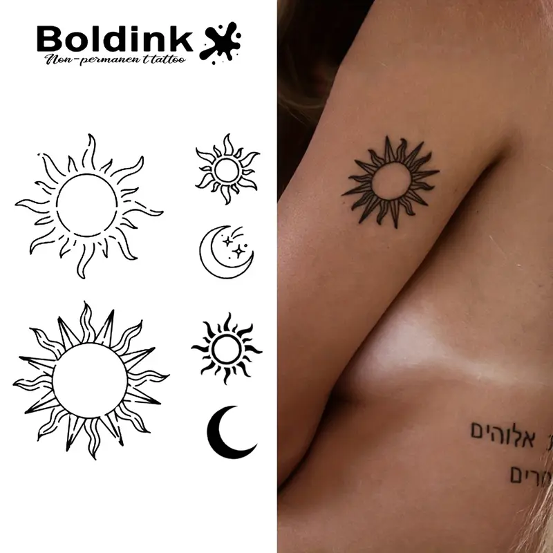 Hình Xăm Tạm Thời, Thiết Kế Mặt Trời Và Mặt Trăng, Kéo Dài Đến 15 Ngày, Công Nghệ Mới, Hình Dán Tạm Thời Chống Nước Ma Thuật, Nhãn Dán 0