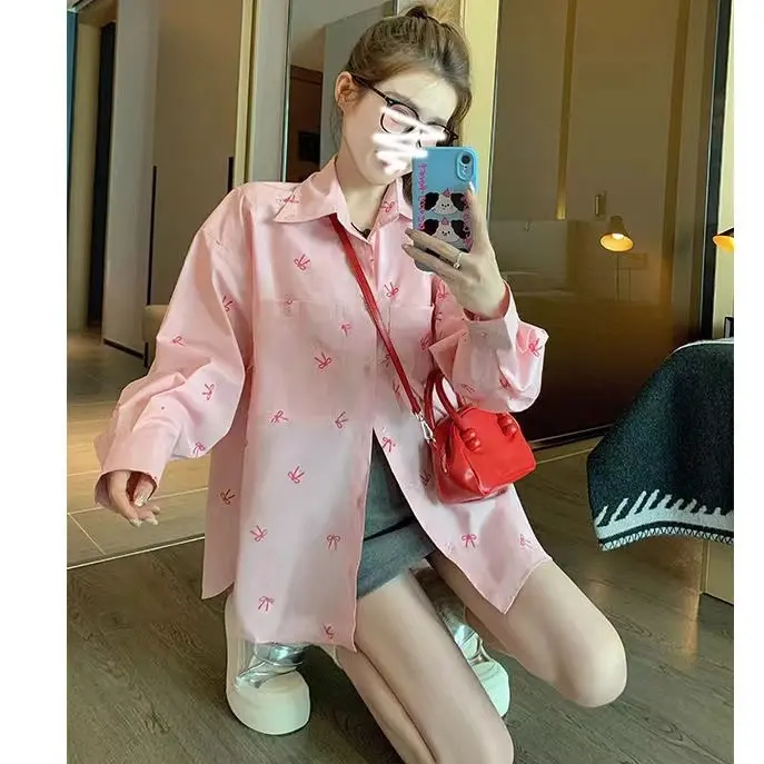(Ready Stock) Korea Women Fashion retro loose lapel collar long sleeve printing BOW plus size blouse
