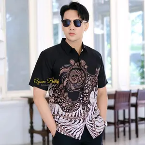 AyoneBatik Batik lengan pendek RENJANA HITAM kemeja batik lengan pendek pria lapis furing bahan katun halus hem  batik cowok terbaru batik pria lengan pendek mewah