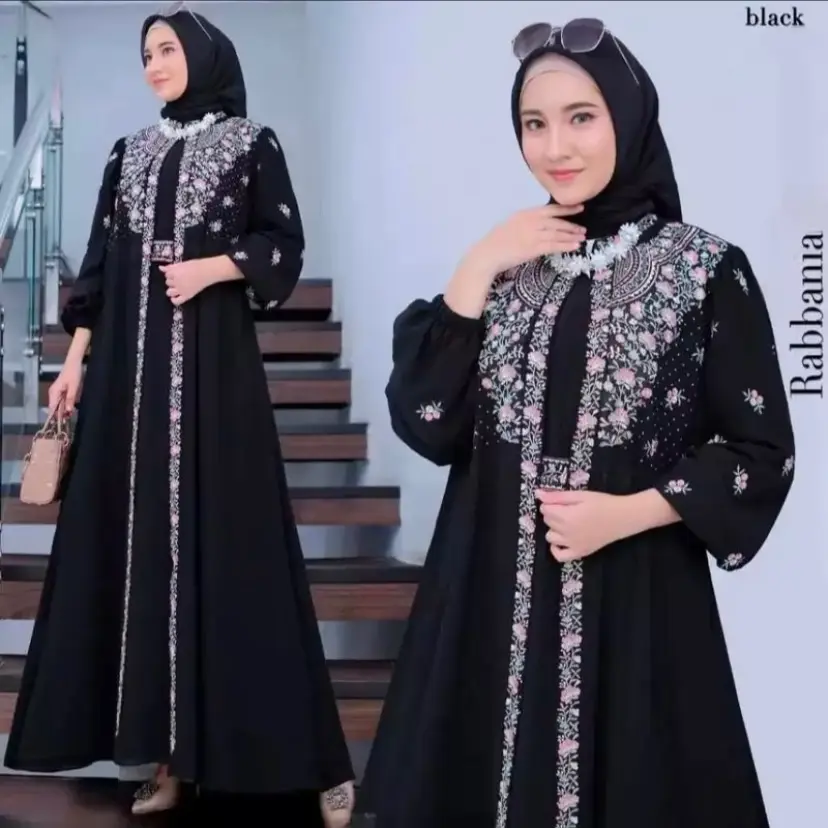 COD Rawania Dress Terlaris Gamis Full Bordir Model Outer Nyatu Dress Bahan Ceruty Bordir Bunga  Busui Friendly Gamis Panjang Gamis Muslimah Dewasa Dress Jumbo Ukuran M L XL XXL Muat BB 90 kg Dress Murah Elegan Bagus
