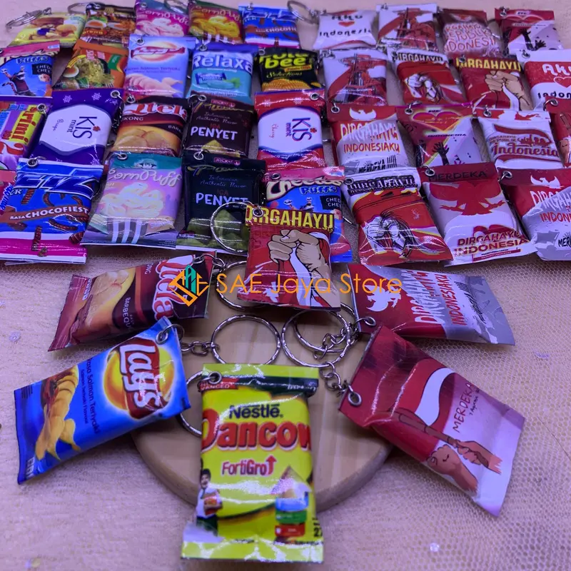 (100 PCS - GEPENG) GANTUNGAN KUNCI GEPENG MINIATUR MAKANAN DAN MOTIF MERAH PUTIH KEMERDEKAAN RI 1