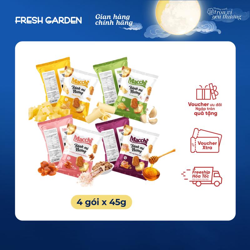  4 gói Snack Mix vị 45g Bánh mì nướng Snack MACCHI Bơ tỏi Mật ong đường nâu Phô mai Pháp Caramen muối hồng 
