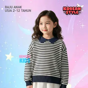Baju Atasan Sweater Blouse Rajut Anak Perempuan Usia 2-14 Tahun Motif Garis garis Korean Style - Fashion Kids Cewek Cantik Kemeja/Blouse salur