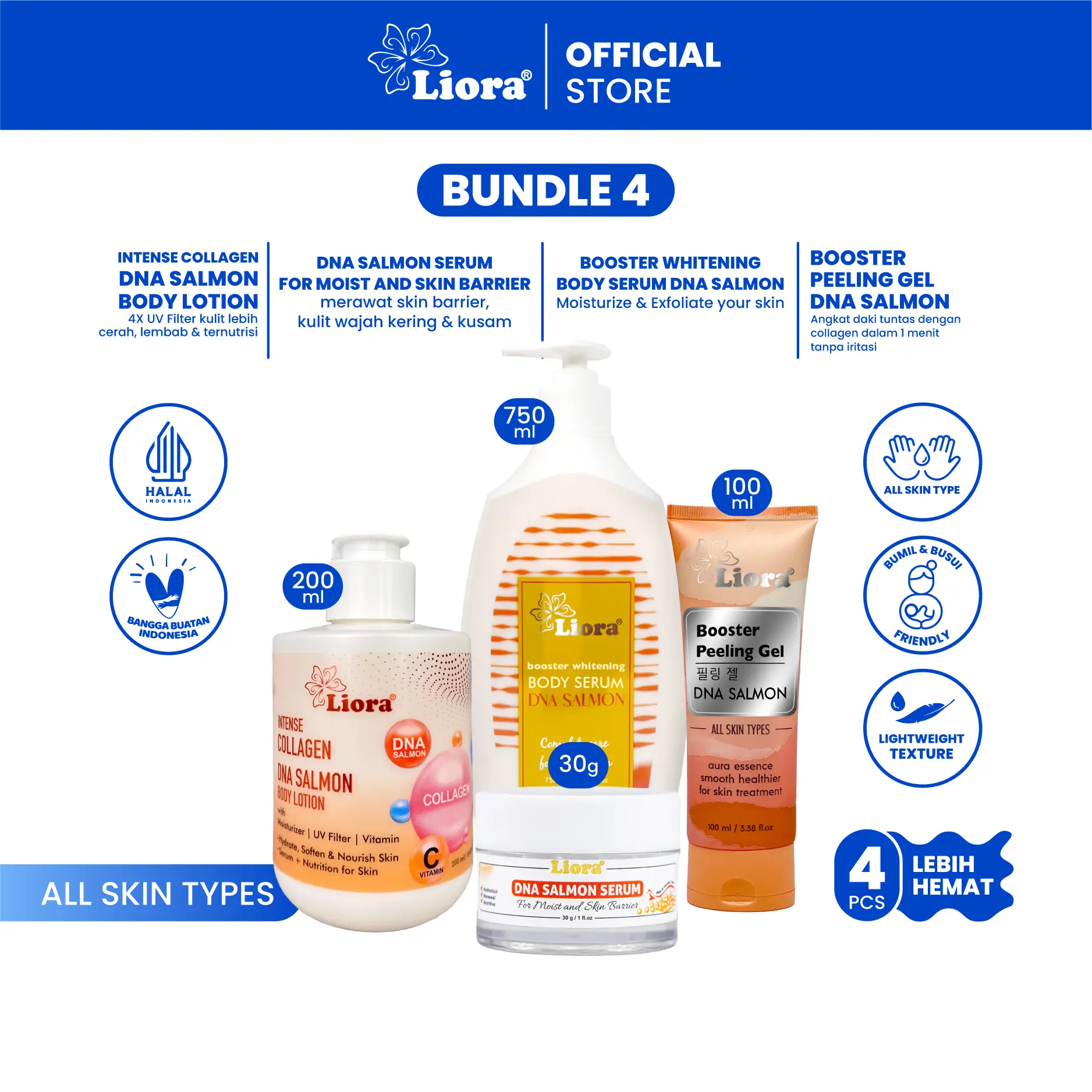 [Paket hemat 4cs] LIORA Booster Whitening Body Serum DNA Salmon + Intense Collagen 200ML+ Peeling Gel Dna Salmon 100ML + LIORA DNA Salmon Serum for moist and skin barier 30g | Paket perawaran Skincare body care untuk mencerahkan dan merawat skinbarrier