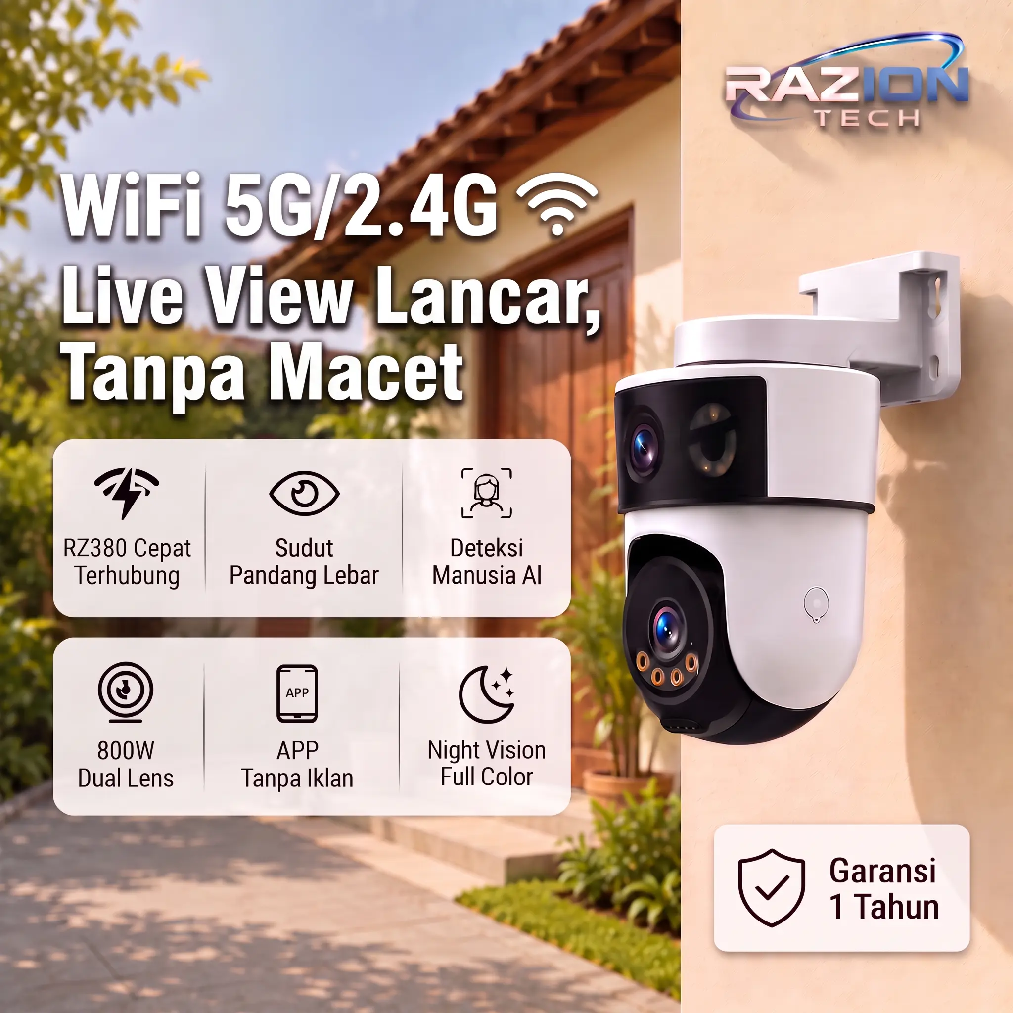 【5G CCTV】RAZION Kamera CCTV WiFi Dual Lens 360 Derajat AI Human Tracking Night Vision PTZ Audio Dua Arah Cloud Backup OMR46D-W