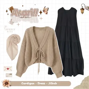 One Set Rajut Korean Style (Cardigan Joly, Inner Dress, Jilbab Bella) Outfit Remaja Vintage Kekinian Viral - AV20