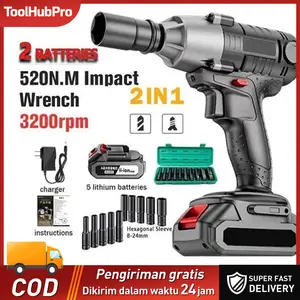 【Pergantian Gratis Masalah Kualitas 】Impact Wrench  Brushless Bor Impact Serbaguna 2 Baterai Cordless Kunci Impact 520N/M Impak Buka Motor Mesin Bor Untuk Baut Electric Wrench Rechargeable Torsi Besar