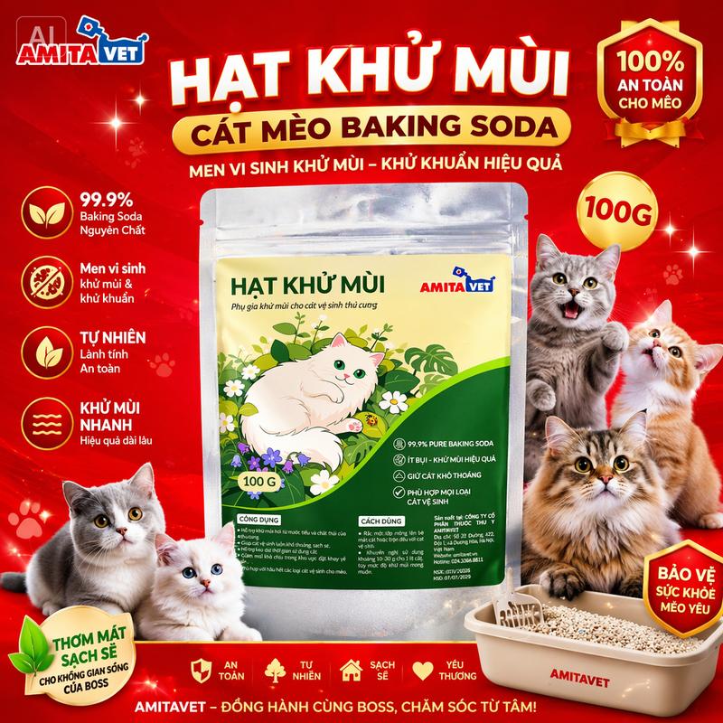 HẠT KHỬ MÙI CÁT MÈO BAKING SODA 100G – KHỬ MÙI HÔI, MEN VI SINH KHÁNG KHUẨN, GIỮ KHAY CÁT LUÔN THƠM