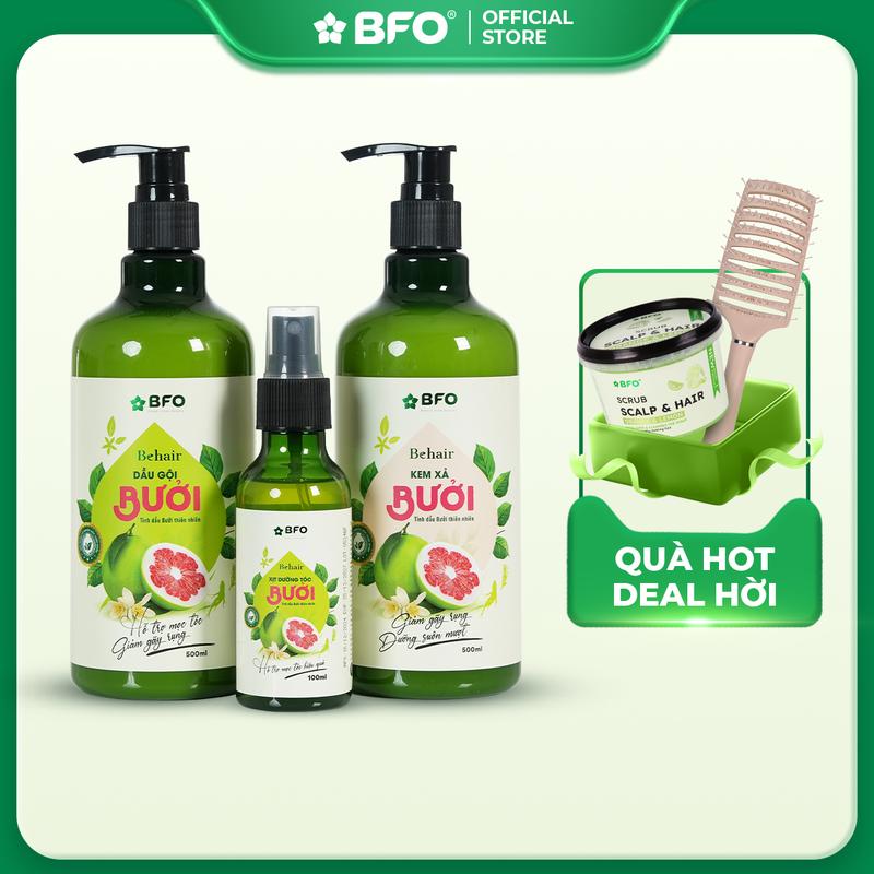 [MUA LÀ CÓ QUÀ] Combo Dầu Gội Dầu Xả Xịt Dưỡng Tóc BFO Behair 500ml Tinh Dầu Bưởi Và Thảo Mộc Giúp Giảm Gãy Rụng Dưỡng Tóc Kích Mọc Tóc Chắc Khỏe Suôn Mượt Nữ Women
