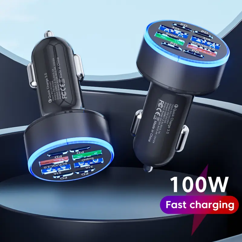 Bộ sạc ô tô sạc nhanh, 100W, 8 cổng, Bộ sạc ô tô, 4 cổng USB và 4 cổng Type C, Bộ Chuyển Đổi bộ sạc ô tô siêu nhanh, Tương thích với iPhone 16 / 15 Pro Max Plus và Samsung Galaxy S24 Phụ Kiện 1