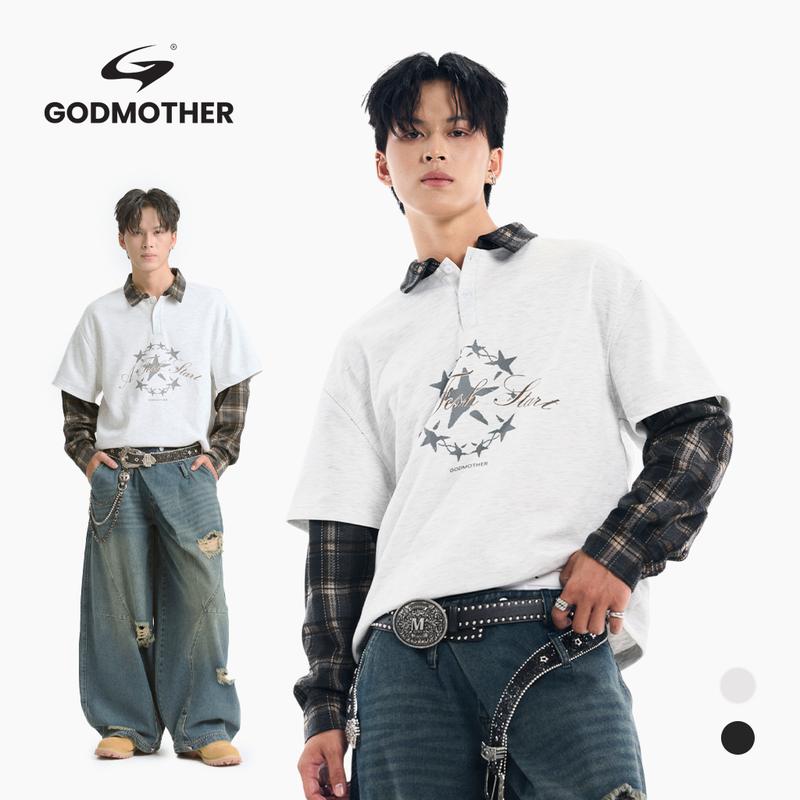  Áo Sweater Polo Phối Kẻ GODMOTHER Chất Cotton Cổ Bẻ In Chữ THE ARTIMES 