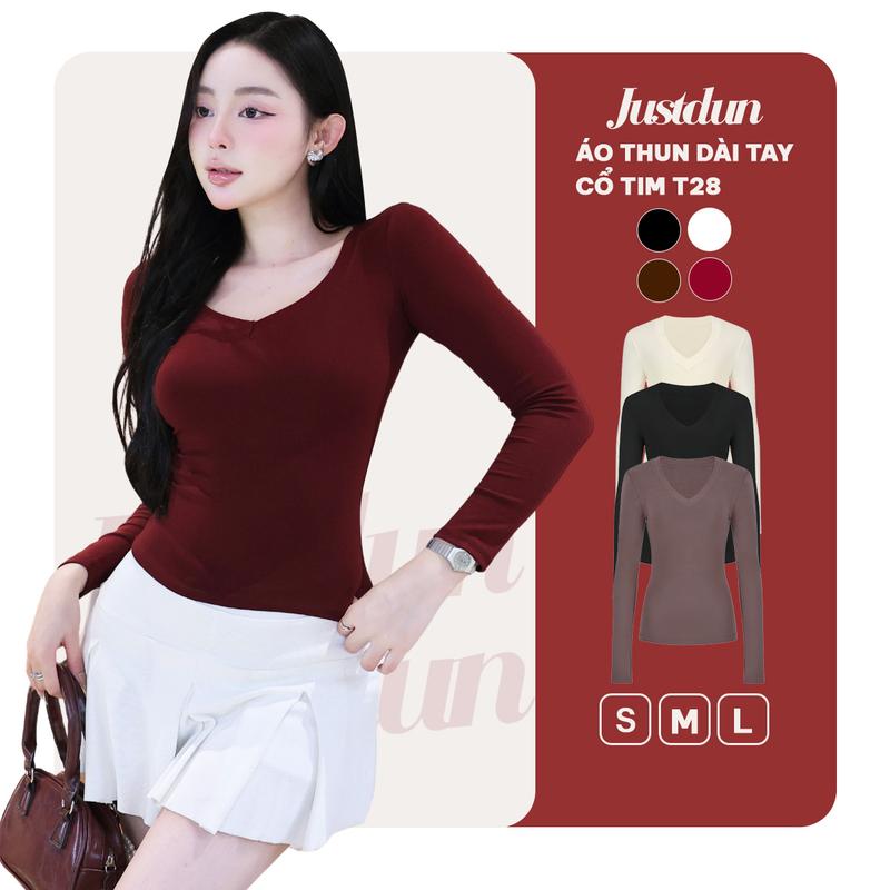  Áo thun nữ dài tay cổ tim Justdun chất cotton không pha nilon giữ nhiệt ôm body T28 