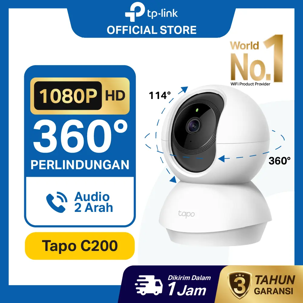 TP-Link | Tapo C200 | Kamera CCTV WiFi Indoor | Full HD 1080P 2MP | CCTV Indoor | Pan Tilt | Kamera 360 | CCTV WiFi Jarak Jauh Lewat HP | IP Camera | Video SD | Original | Garansi Resmi | Ready Stock | Baru | Promo | Murah