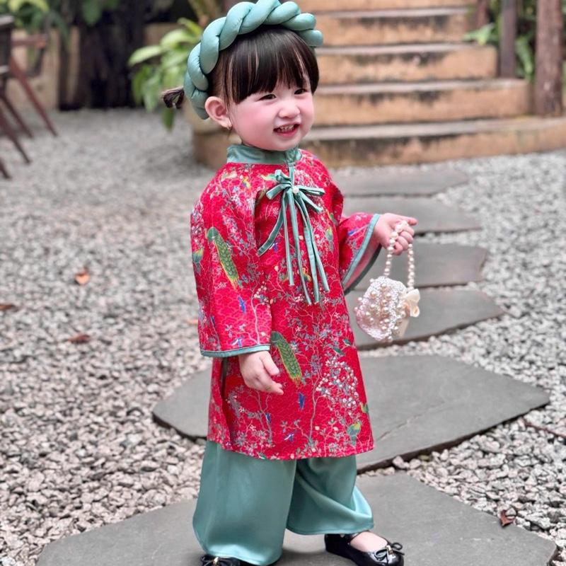 NEW Áo Dài Hoa Công Đỏ Khổng Tước Quần Xanh Kèm Mấng Cho Bé 3-30kg