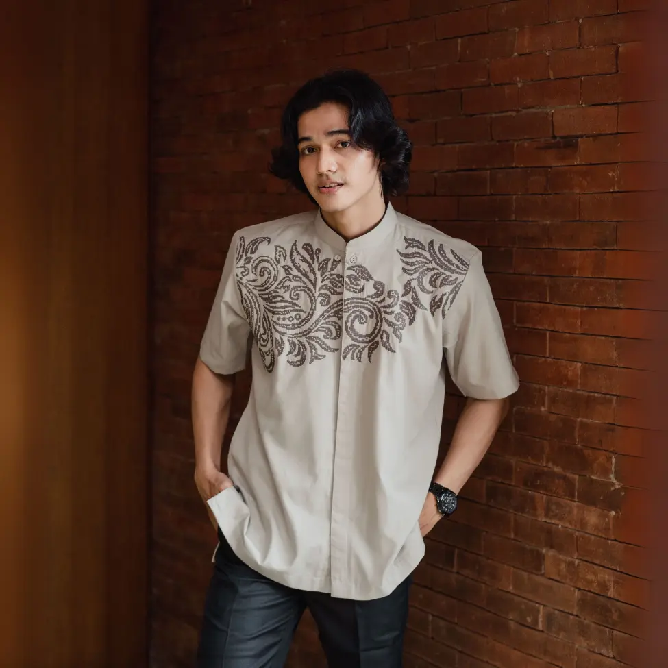 BASTOH Mikazuki Baju Koko Pria Dewasa Bordir Lengan Pendek