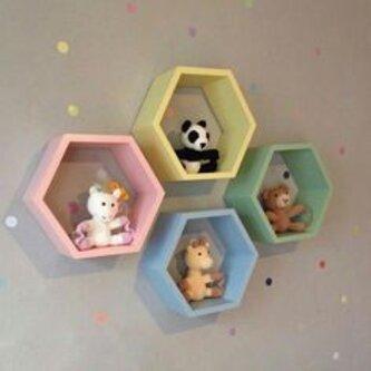 RAK DINDING AESTHETIC MINIMALIS, HIASAN DINDING KAYU RAK DINDING KAYU HEXAGONAL, HIASAN DINDING MK DEKOR Biru Merah Hijau