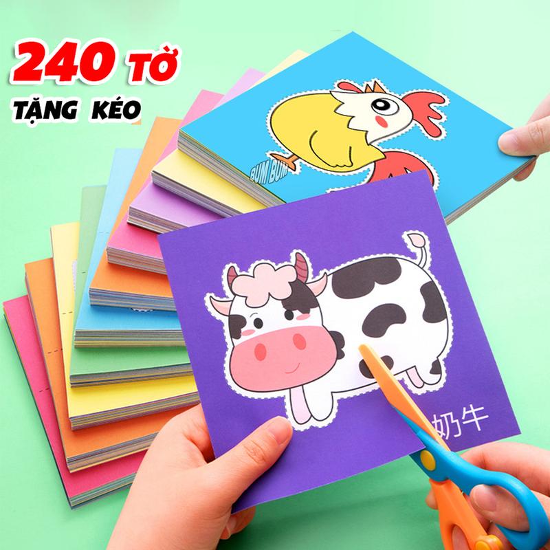 Tặng Kéo Combo 240 tờ cắt giấy thủ công cho bé kèm kéo an toàn đồ chơi paper cut giáo dục sớm phát triển vận động