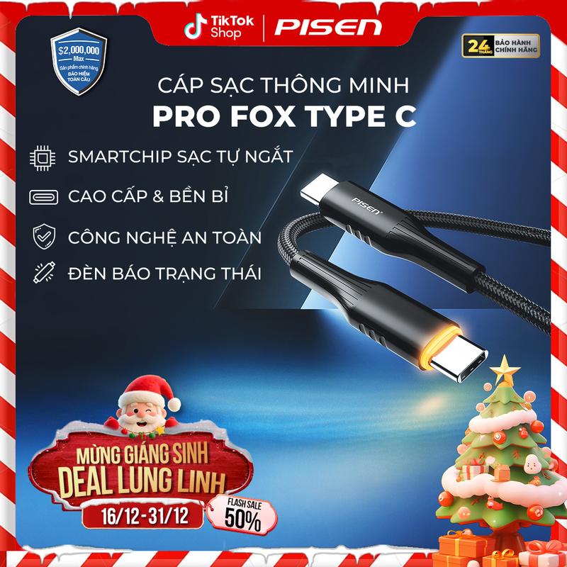 PISEN Cáp Sạc Nhanh Tự Ngắt | Tự Điều Chỉnh Dòng Sạc Thiết Kế Công Thái Học Đèn Báo Hiệu Tương Thích Android IOS | PISEN PRO – Fox | LT-CL02-1200 & LT-CC03-1200 | Bảo Hành 18 Tháng | Bảo Hiểm 2 Triệu Đô Toàn Cầu