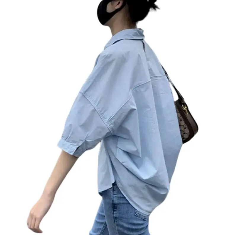 Korean short sleeved top women's solid color sunscreen shirt jacket women's loose French top design sense niche shirt Womenswear Blouse Lingerie Comfort