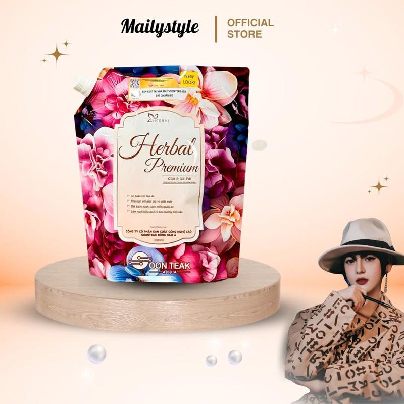  K500_ Nước giặt xả Herbal Premium công nghệ enzyme sinh học thơm bền lâu túi 3L 