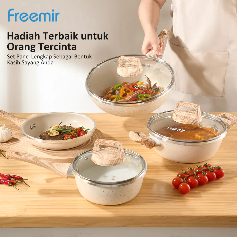 [MEGA SALE] freemir Set Sultan Beige 4 Pcs 26/20/20/16 cm Single Bottom Wajan Anti Lengket Paket Wajan 4pcs Penggorengan Masak Rendang/Opor Lebaran Peralatan Dapur Premium