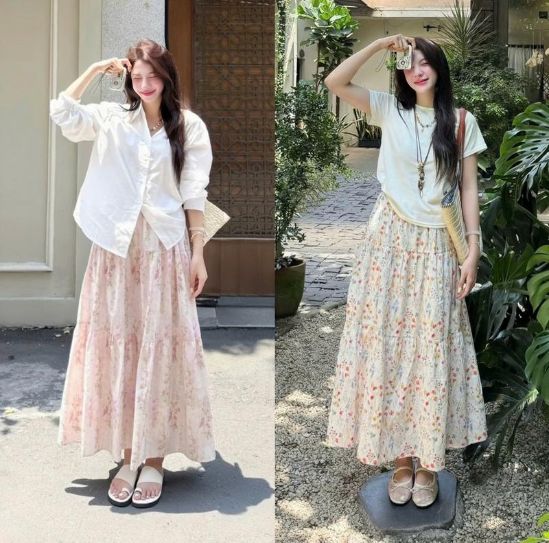TẶNG SCRUNCHIES Chân váy maxi hoa vintage 3 tầng dáng dài có lót mùa hè nhẹ nhàng dịu dàng nữ tính - Mysmin Store CVH689