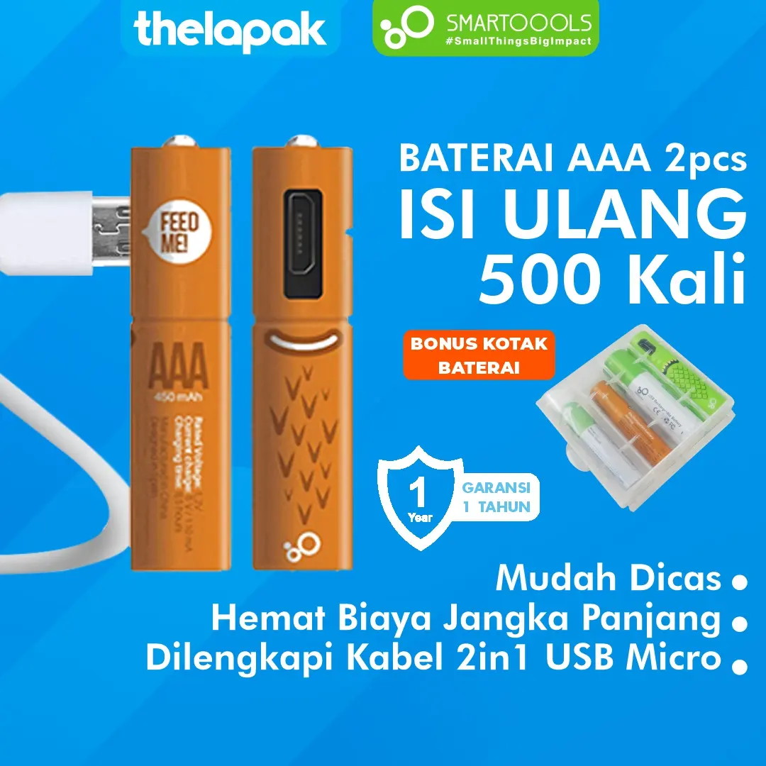 Baterai Cas Isi Ulang 2pcs Smartoools MicroBatt AAA 1.2V Micro USB NiMH Battery Charge Free Case