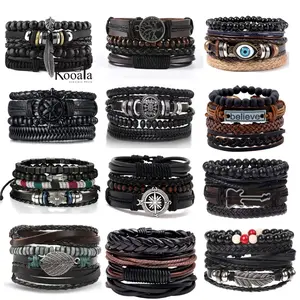 Gelang Set 4 Pcs Pria Kulit Paduan Kepang Manik Manik Fashion Kece Model Menyesuaikan Kekinian GP7