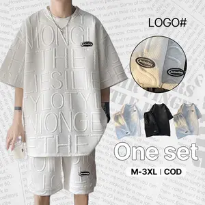 Baju setelan pria Baju setelan pria korea Baju olahraga pria Tersedia tiga warna Baju pria oversize Outfit cowok kekinian longgar Nyaman dan bernapas Kaos pria Celana pendek Tali serut di pinggang Atasan Katun kaos  setelan outfit  cowok Panjang Hitam