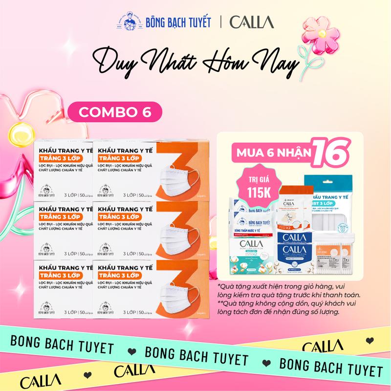 Combo 6 Khẩu trang Bông Bạch Tuyết 3 lớp trắng (50 cái/hộp)